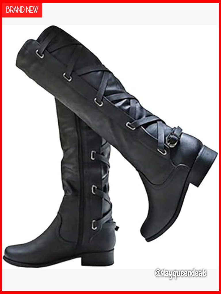 Women's Knee High Combat Boots Lace Up Strappy Low Heel Riding Boots